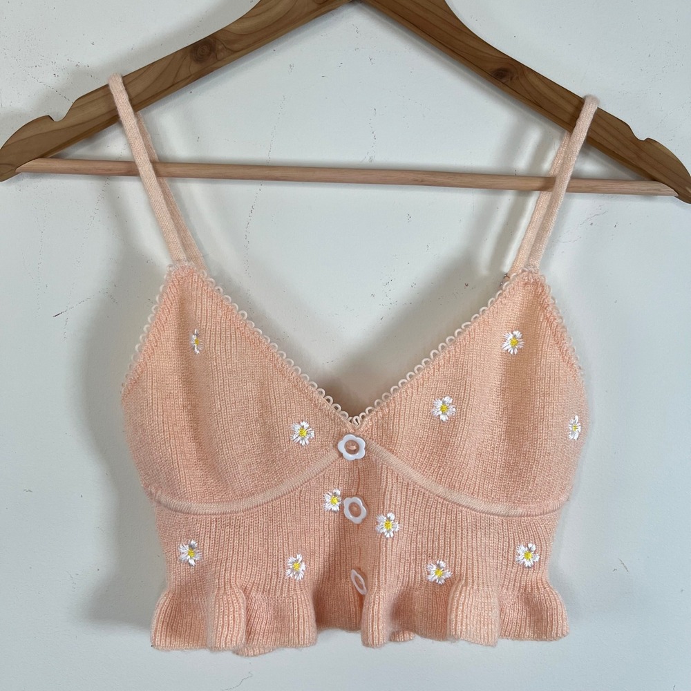 For Love And Lemons Embroidered Buds Knitted Tank Top Peach Pink Womens XS - Picture 2 of 7